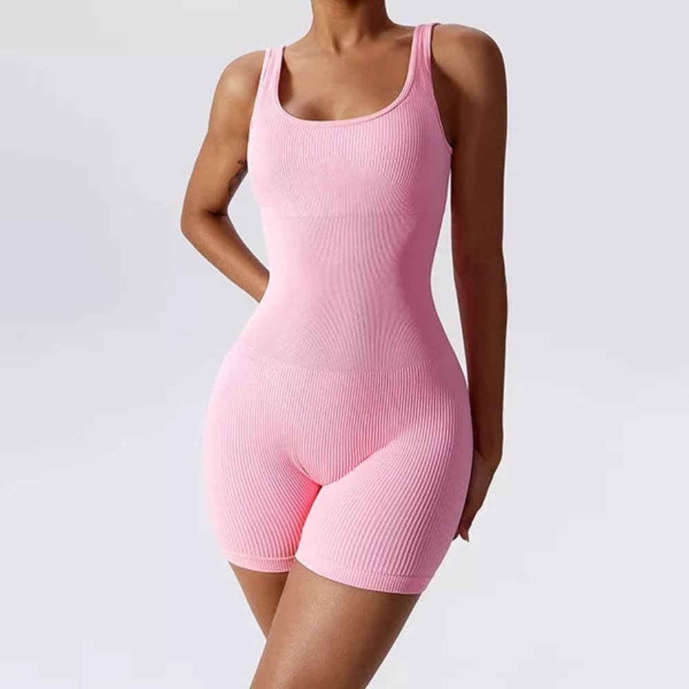 Ortorex Pretty Pink Ribbed Knit Inner Panel Sleeveless One Piece Romper Jumpsuit